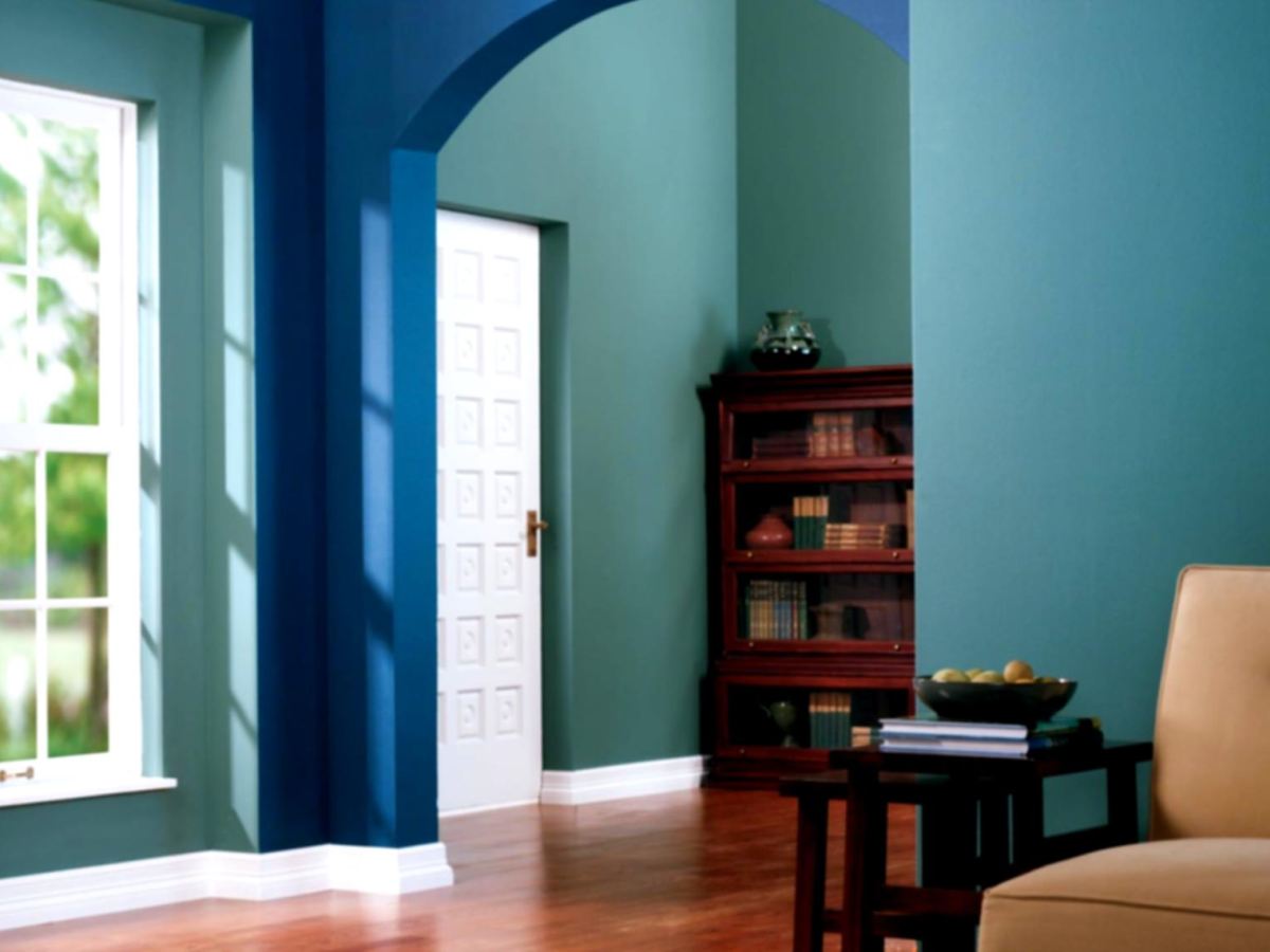 Completed Interior house painting project. Blue & Green Contrasting Colors